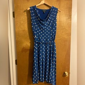 Blue NWT sz 14 Ralph Lauren polka-dot dress w/ sash. Cute and machine washable!
